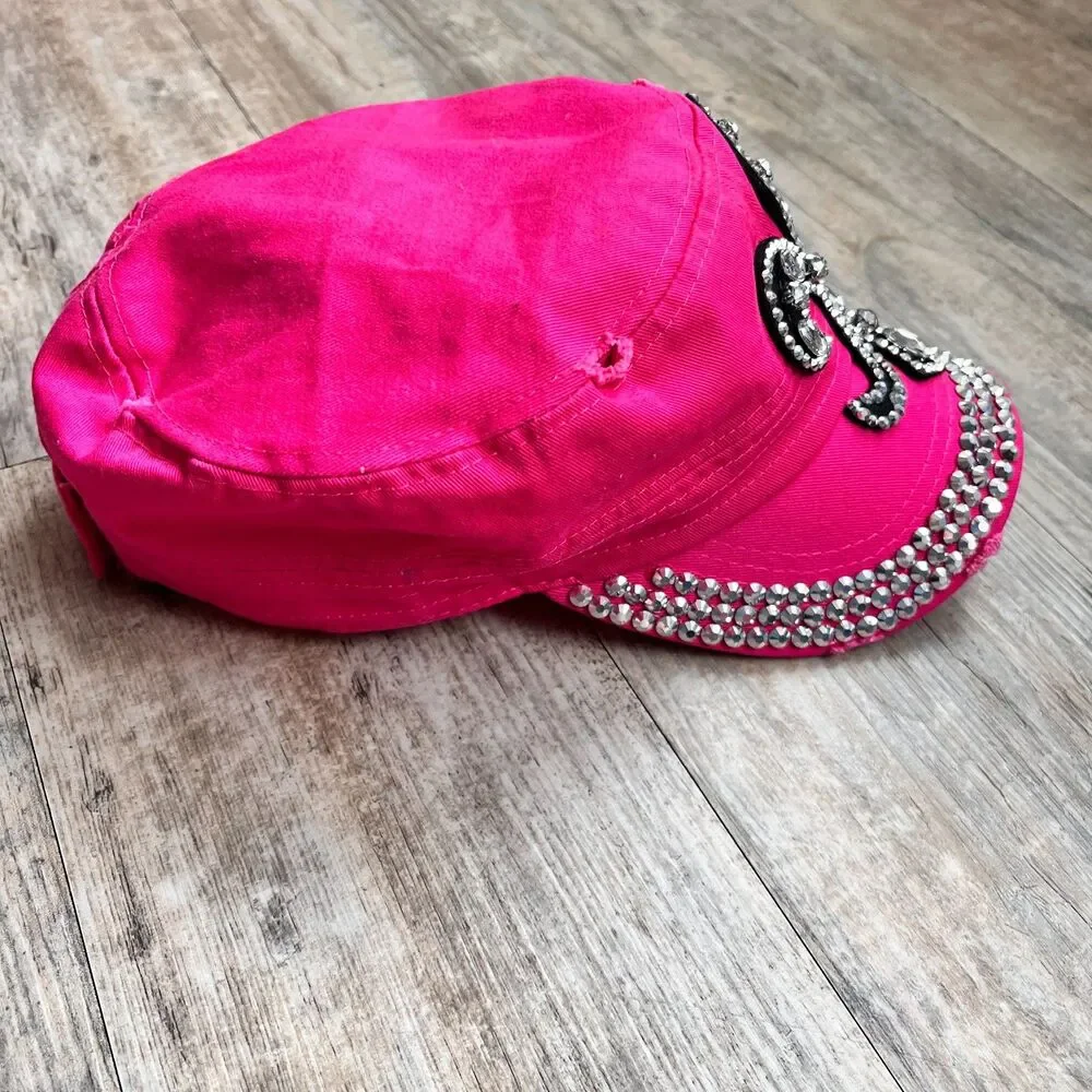 Y2K Hot Pink Rhinestone Fleur De Lis Cap Bling Studded Hat Adjustable Vintage